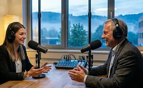 Podcast-Aufnahme mit einer Moderatorin und einem Unternehmer