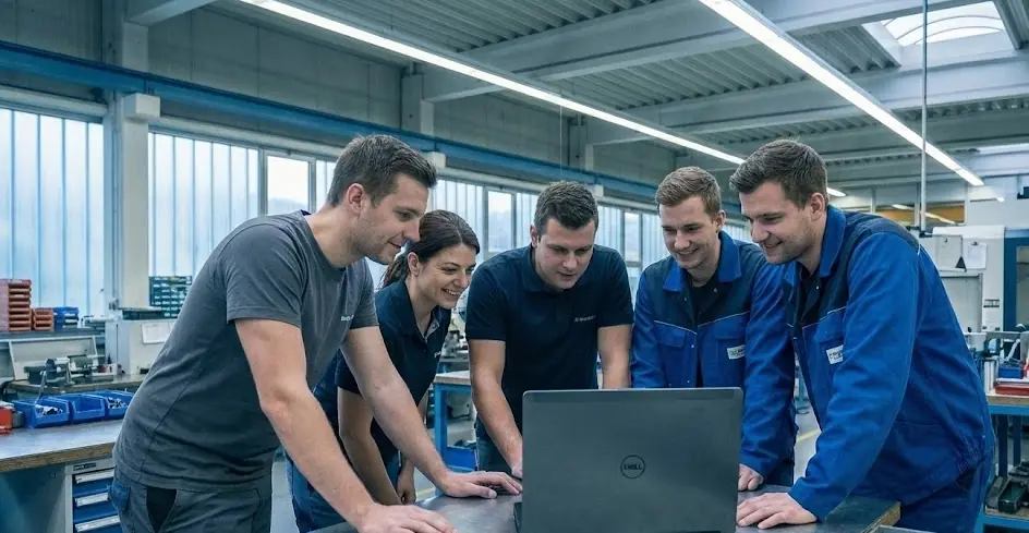 Junges Team bespricht sich am Laptop in einer Werkhalle